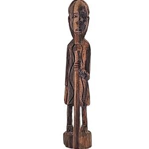 Vintage Hand Carved Wooden Folk Art Ethnic Bearded Man with Walking Stick 15"